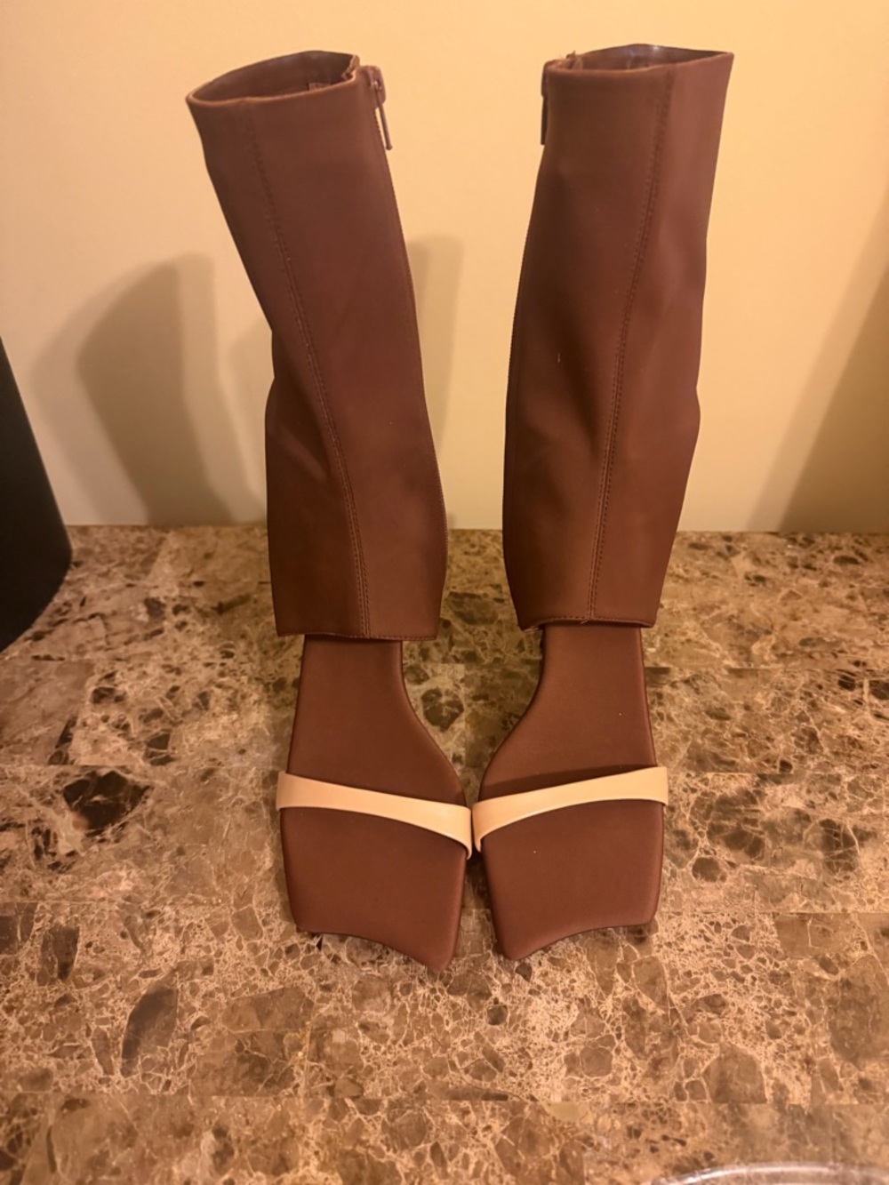 Jeffrey Campbell Brown Knee-High Square Toe Bootie sandal Beige Strap side zip
